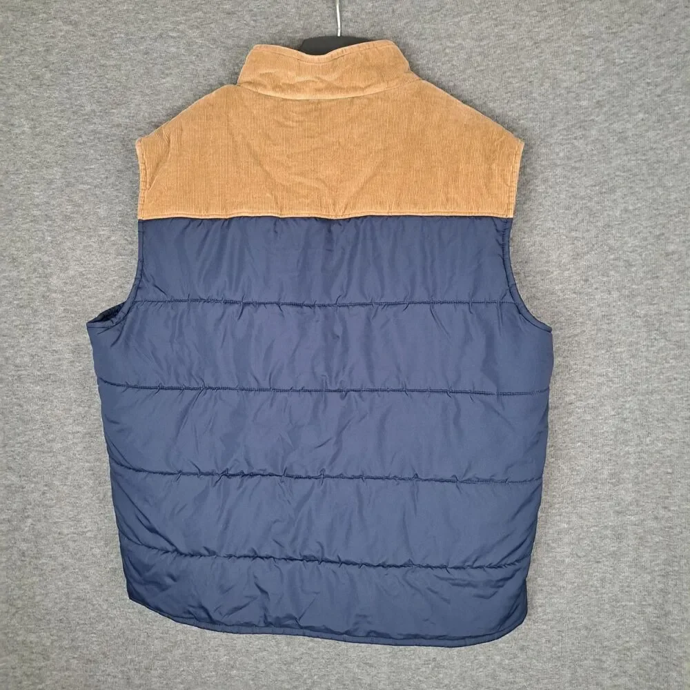 J.Crew Men's Puffer Vest Navy‎ Blue with Brown Corduroy Trim Size XL